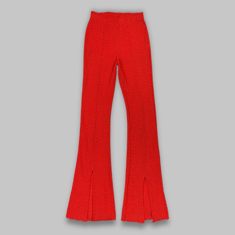 Bershka Red Textured Knit Flare Pants with Front Slits – Size Small